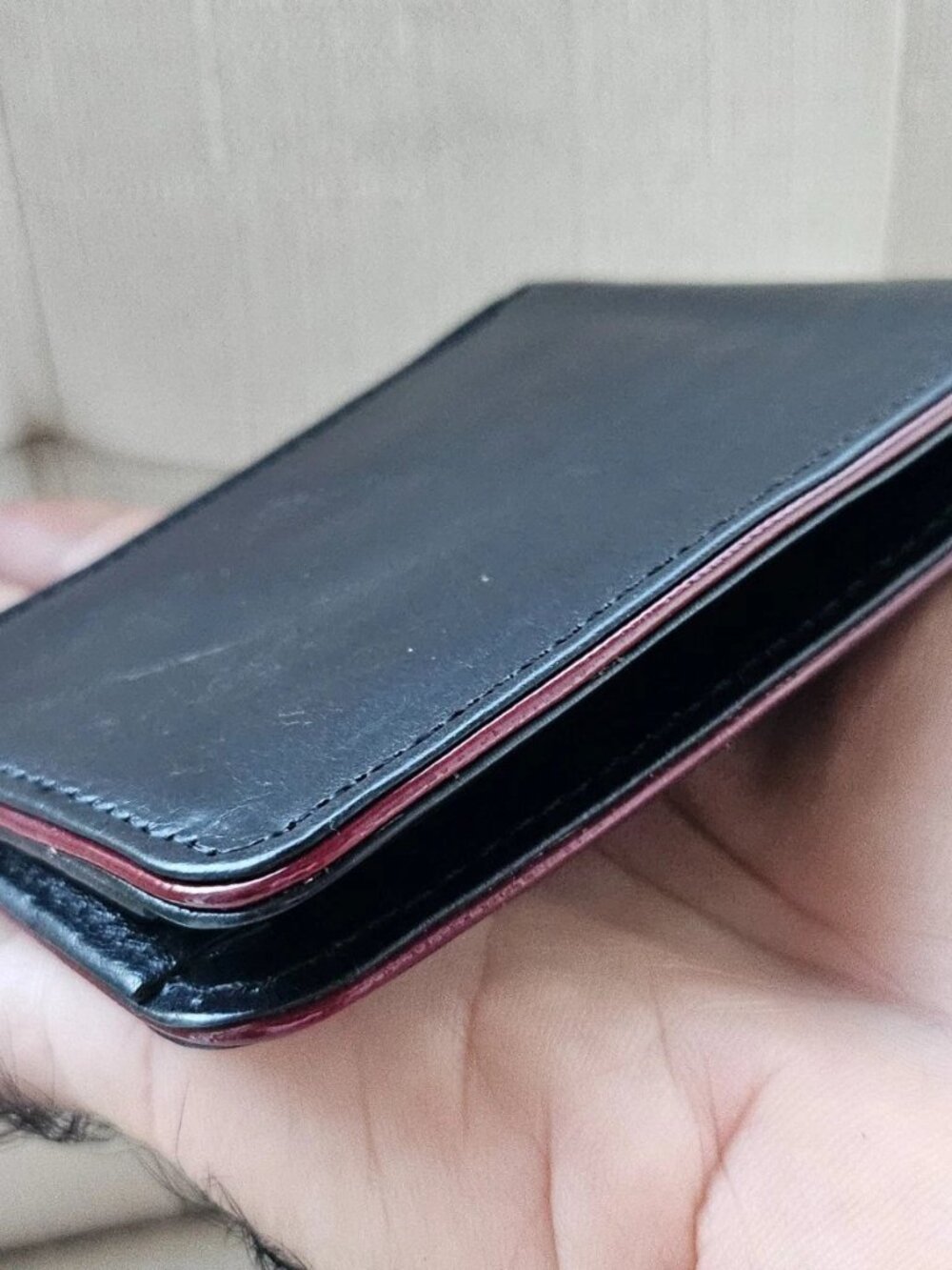 Black Leather Bifold Wallet with Red Trim Billfold Genuine Leather Handmade New